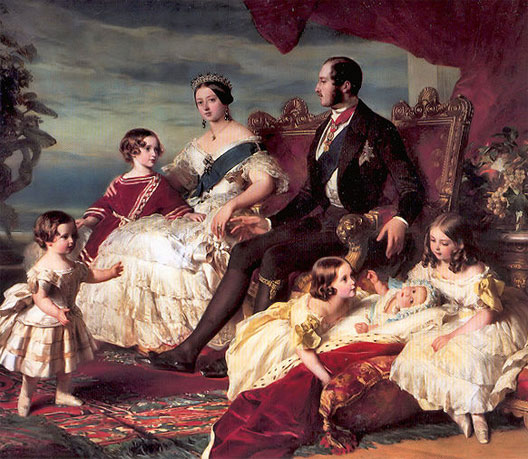 Victoria et Albert en famille en 1846, par Winterhalter (ch�teau d'Osborne) ; de gauche � droite : Alfred, Edouard, Victoria, Albert, Alice, Helena et Vicky