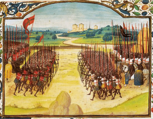 Bataille d'Azincourt (miniature, AbrÃ©gÃ© de la Chronique d'Enguerrand de Monstrelet, XVe siÃ¨cle, Paris, BNF)