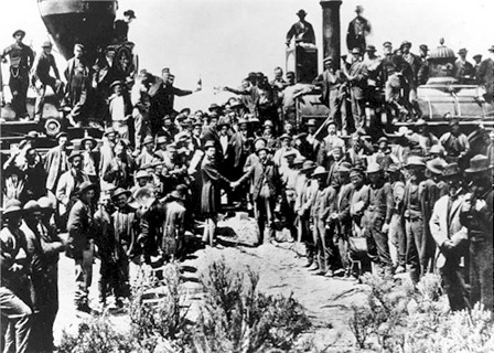 Rencontre des cheminots &agrave; Promontory Point (Utah) le 10 mai 1869