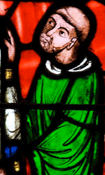 Suger offrant une verri&egrave;re &agrave; l'abbatiale de Saint-Denis  (d&eacute;tail d'un vitrail mis en place  au XIXe si&egrave;cle dans le chevet de l'&eacute;glise)