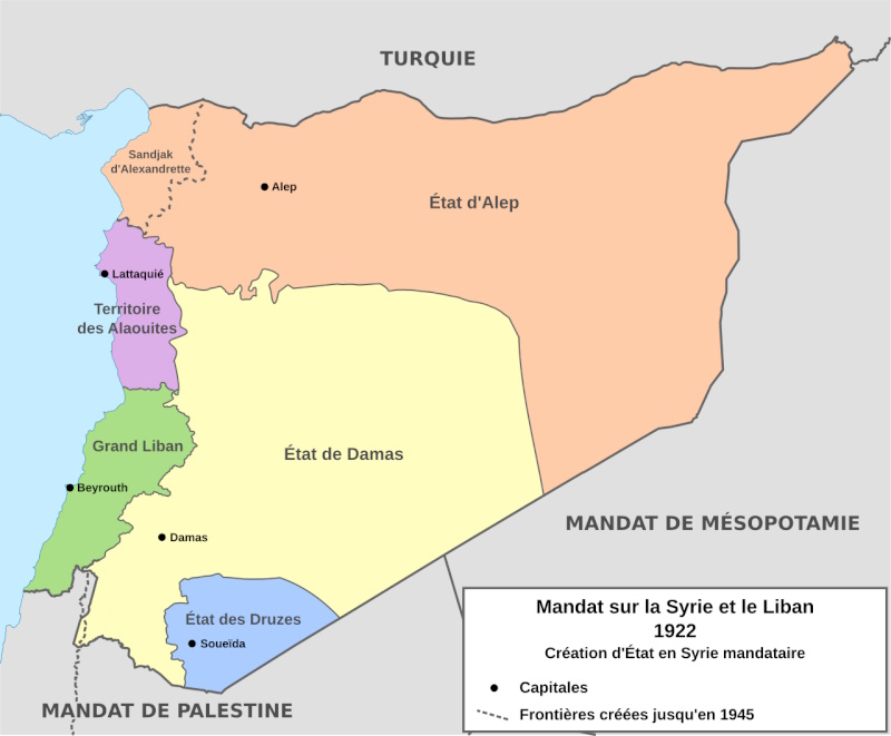 La Syrie mandataire et le Grand  Liban (source : wikipedia)