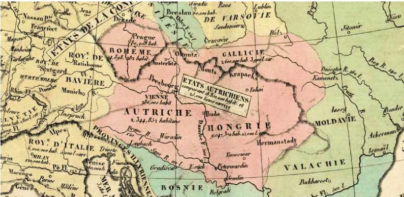 Les Etats autrichiens en 1826 avec les limites de la Galicie &agrave; l'Ouest de Kamenetz (E. de Las Cases alias Lesage, atlas historique de lesage, 1827).