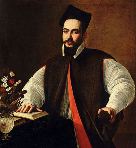 Le Caravage, Portrait du pape Urbain VIII, vers 1593-1594, collection particulière. Agrandissement : Jan Miel, Andrea Sacchi, Filippo Gagliardi, Urbain VIII visitant le Gesù lors des célébrations du centenaire de l'Ordre des Jésuites (détail de la scène), 1641-1642, Rome, Palazzo Barberini.