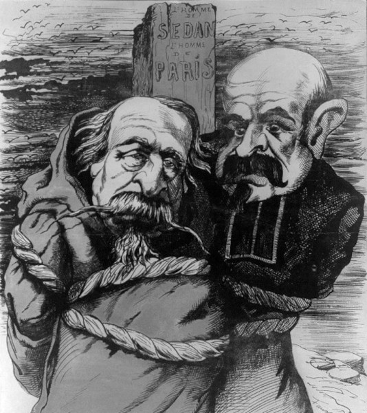Maître et Valet ! L'homme de Sedan. L'homme de Paris. Caricature de Faustin Betbeder, raillant la double disgrâce de Napoléon III et de Louis-Jules Trochu, février 1871, 
