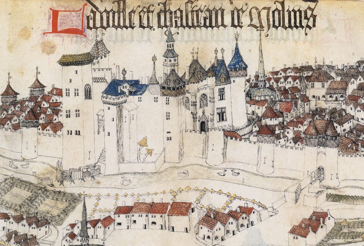 Armorial d?Auvergne, Forez et Bourbonnais (vue de Moulins dans le recueil des chatellenies du Bourbonnais, compos&eacute; vers 1456 par Guillaume Revel &agrave; la demande de Charles VII, en m&eacute;moire de Charles Ier, duc de Bourbon)