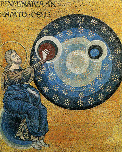 Dieu crée le Soleil, la Lune et les étoiles, mosaïque de la cathédrale de Montreale, Sicile, XIe siècle. Agrandissement : Claude Ptolémée et le géographe, illustration tirée de la Géographie de Claude Ptolémée, XVIe siècle, Paris, BnF.