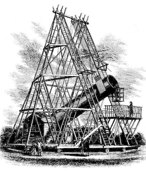 Le télescope de 40 pieds (12 m) de focale et de 48 pouces (122 cm) d'ouverture construit par Herschel en 1789, illustration extraite de Leisure Hour (1867). Agrandissement : Les plus belles nébuleuses, illustration tirée de Camille Flammarion, Atlas céleste, 1877, Paris, BnF.