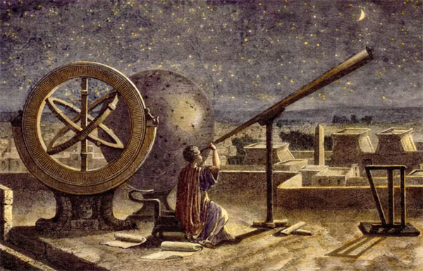 Hipparque à l'observatoire d'Alexandrie, illustration tirée de Louis Figuier, Merveilles de la science, 1879.