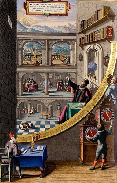 Gravure publiée dans Astronomiae instauratae Mechanicae en 1598, montrant l'astronome Tycho Brahe, entouré d'assistants, en train d'effectuer des mesures à l'aide du grand quadrant mural installé dans l'observatoire d'Uraniborg. Agrandissement : Vue de l'observatoire de Tycho Brahe situé sur l'île de Ven, vers 1595, Danemark (aujourd'hui île suédoise). 