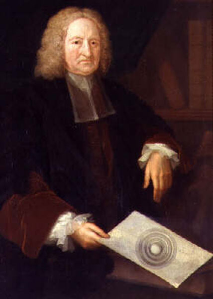 Michael Dahl, Edmond Halley avec un diagramme montrant les différentes couches de sa théorie de la Terre creuse, vers 1736, Londres, Royal Society. Agrandissement : Principe de satellisation, image tirée des Principes de la philosophie naturelle d'Isaac Newton, 1731, Paris, Bnf.