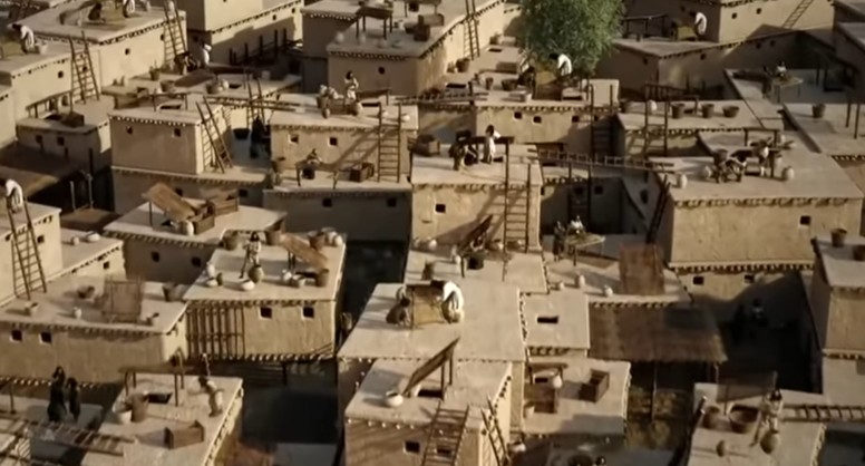Représentation imaginaire de la ville de Catal Hoyük, vers 6000 av. JC (Anatolie centrale)