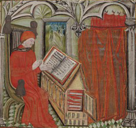 Représentation présumée d'Alain Chartier, enluminure du Livre d'Espérance, vers 1500, Paris, BnF, Gallica.