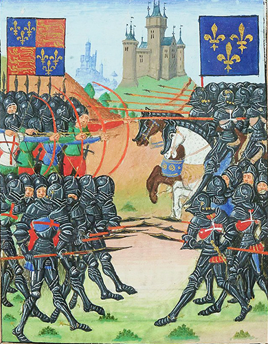 Bataille de Verneuil (1424).  Enluminure ornant La Cronicque du temps de tres chrestien roy Charles, septisme de ce nom, roy de France par Jean Chartier, Paris, BnF.