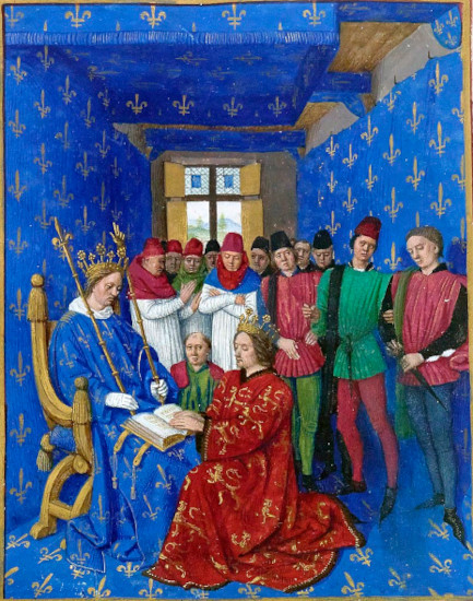 Édouard Ier rend hommage à Philippe le Bel, Grandes Chroniques de France, enluminées par Jean Fouquet, Tours, vers 1455, Paris, BnF.