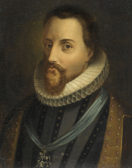 Jacques Ier, Anonyme, entre 1600 et 1650, Château de Chantilly, musée Condé. Agrandissement : Jacques Ier, Paul van Somer I, vers 1620, Windsor Castle.