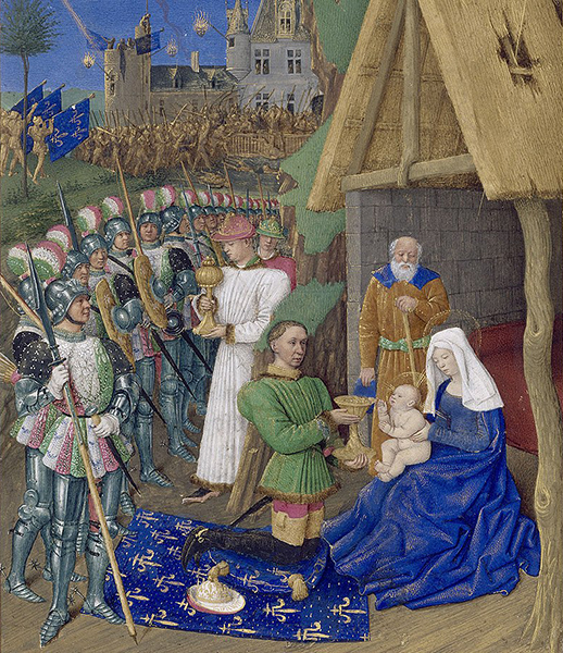  L'Adoration des mages, par Jean Fouquet, 1454. Charles VII y est représenté en roi-mage, entouré de sa garde écossaise, Livre d'heures d'Étienne Chevalier, Château de Chantilly, musée Condé.