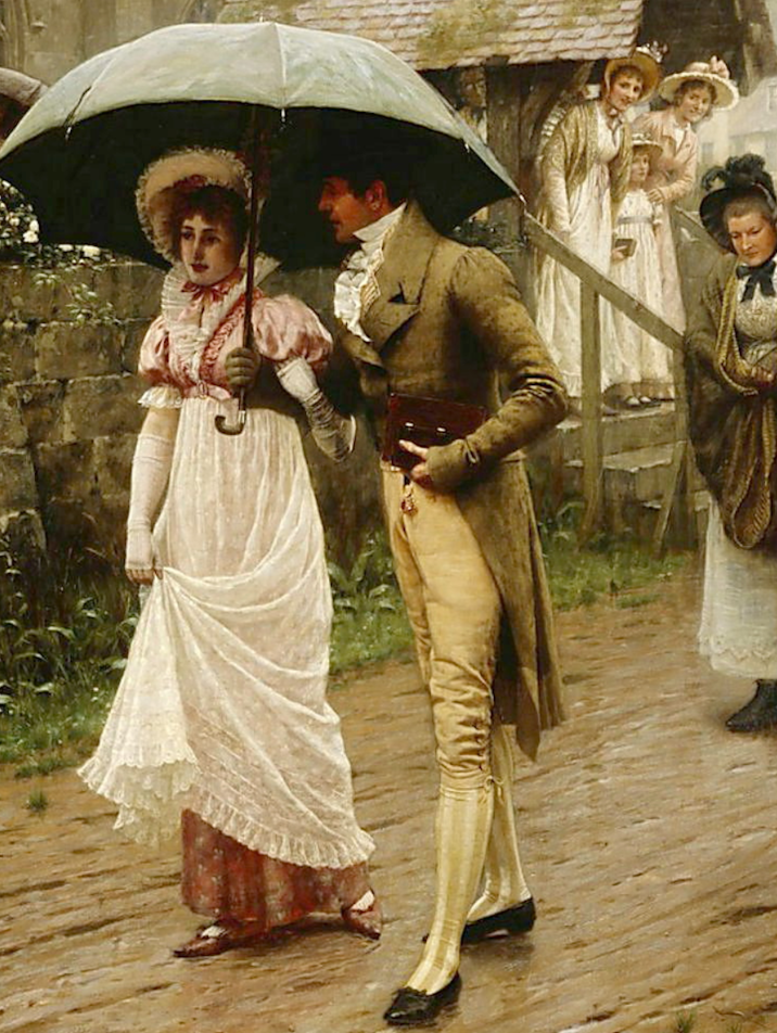 Edmund Blair Leighton, Un Dimanche matin pluvieux, 1896, coll. part.