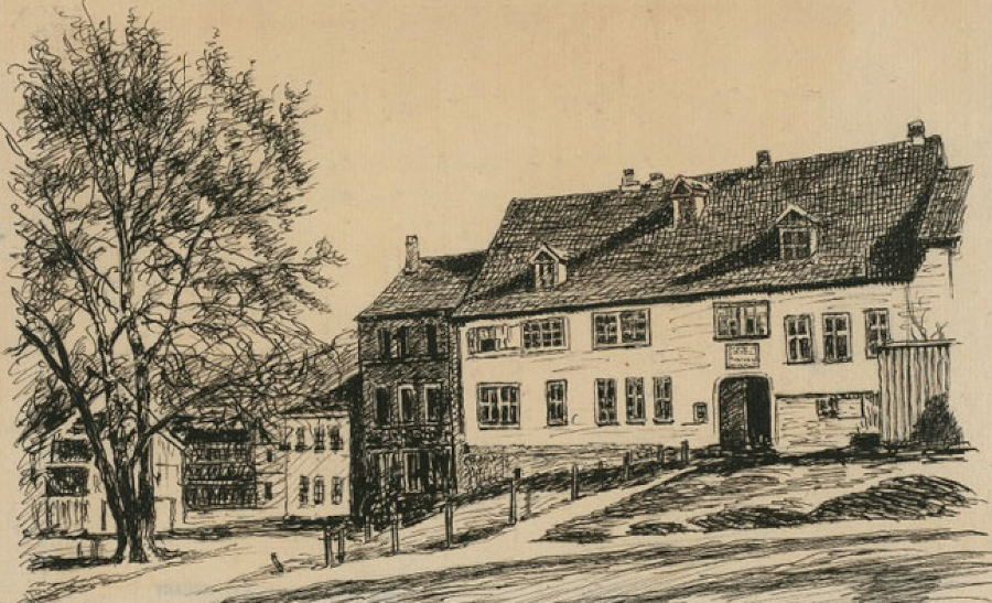 Ferdinand Agemann, Lieu de naissance de Bach à Eisenach,  s. d., New York, Public Library ; agrandissement : la maison natale de Jean-Sébastien Bach aujourd'hui