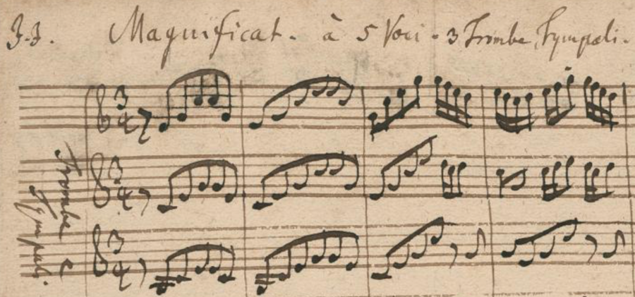 Partition autographe du Magnificat de Johann Sebastian Bach, entre 1728 et 1731, Berlin, Deutsche Staatsbibliothek ; agrandissement : Jean-Sébastien Bach, Manuscrit autographe de la cantate BWV 180 « Orne-toi, ô chère âme », 1724.