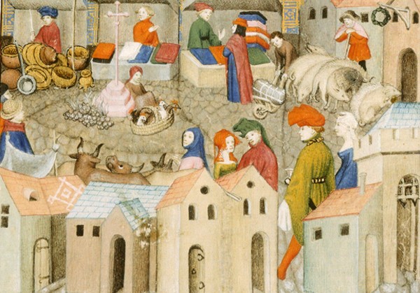 Scène de foire. Miniature extraite du Chevalier errant de Thomas de Saluces vers 1403 - 1404, Paris, BnF.