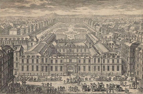 Le Palais Royal, gravure d'Adam Perelle, XVIIe siècle, Chantilly, Musée Condé. L'agrandissement montre la vue du Palais Royal, côté jardin, gravure d'Aveline, XVIIe siècle, Chantilly, Musée Condé.