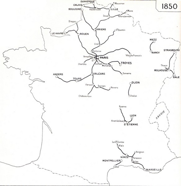Le Réseau ferré français en 1850. L'agrandissement montre la carte du Réseau ferré français en 1860. Évolution du réseau ferré entre 1850 et 1860 : un investissement sûr, Historique des chemins de fer en France.