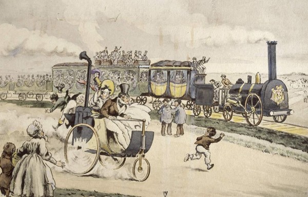 Anonyme, Voiture à vapeur et chemin de fer, musée et domaines nationaux de Compiègne, musée de la voiture, RMN-Grand Palais, DR. L'agrandissement montre un tableau de Jean-Louis Beuzon, Les premiers chemins de fer, musée et domaines nationaux de Compiègne, musée de la voiture, RMN-Grand Palais, DR.