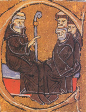 Hugues de Semur avec les moines de Cluny (Vie de Saint Hugues, XIe siècle) ; agrandissement : vue de Cluny aujourd'hui