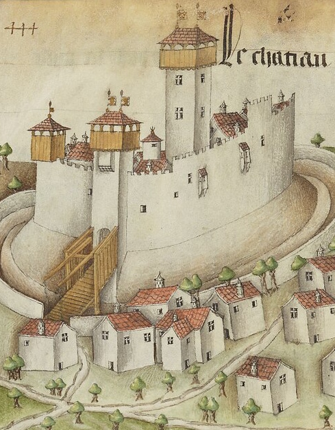 Le château-fort de Cautrenon, en Auvergne, dessin de Guillaume Revel dans l'Armorial du duc de Bourbon (XV° siècle), BNF
