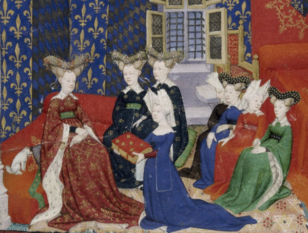 Christine de Pisan et la reine Isabeau (détail), enluminure tirée du Livre de la reine, 1410-1414, Londres, British Library.