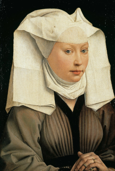 Roger van der Weyden, Portrait d'une femme, 1440, Berlin, Pinacothèque. Agrandissement : Jan van Eyck, Portrait d'homme (autoportrait ?), 1433, Londres, British Museum.