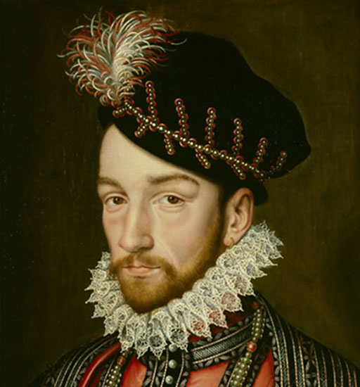 François Clouet (d'après), Portrait de Charles IX roi de France, XVIe siècle, château de Versailles. Agrandissement : Anonyme, Portrait d'Henri IV en cuirasse et panache blanc, roi de France et de Navarre (1553-1610), châteaux de Versailles et de Trianon.