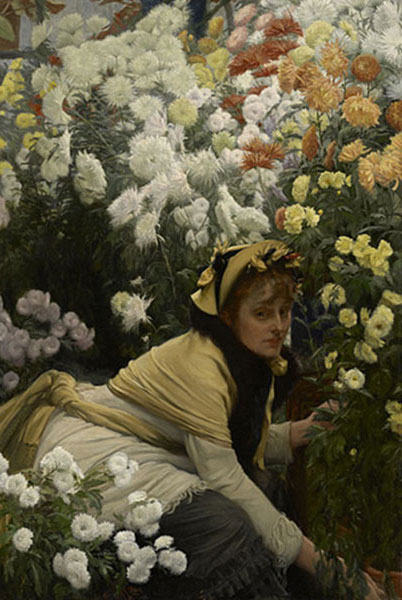 James Tissot, Les Chrysanthèmes, vers 1875, Massachusetts, Clark Art Institute. Agrandissement : James Tissot, la demoiselle d'honneur, vers 1885, Angleterre, Leeds Art Gallery.