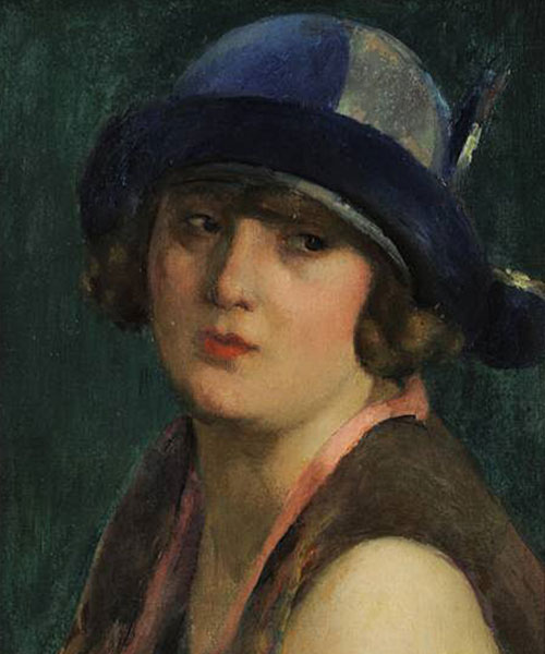 Henry Ottmann, Portrait de femme au chapeau bleu, XXe siècle, coll. part. Agrandissement : Amedeo Modigliani, Jeanne Hébuterne avec un large chapeau, 1918, coll. part.