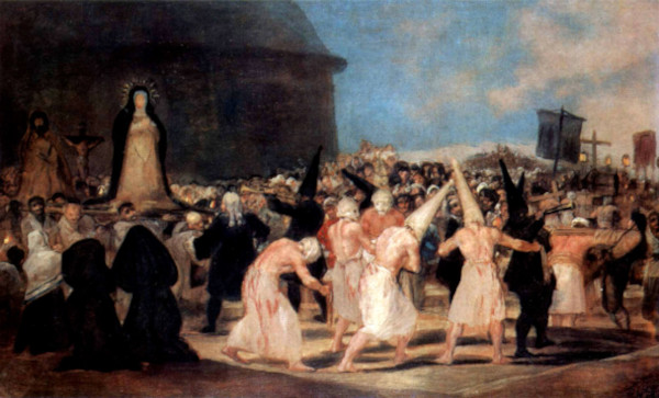 Francisco Goya, Procession des flagellants, vers 1810, Madrid, Académie royale des Beaux-Arts de San Fernando. Les flagellants portent des capirotes blancs. Agrandissement : Confrérie des capirotes verts à Malaga.