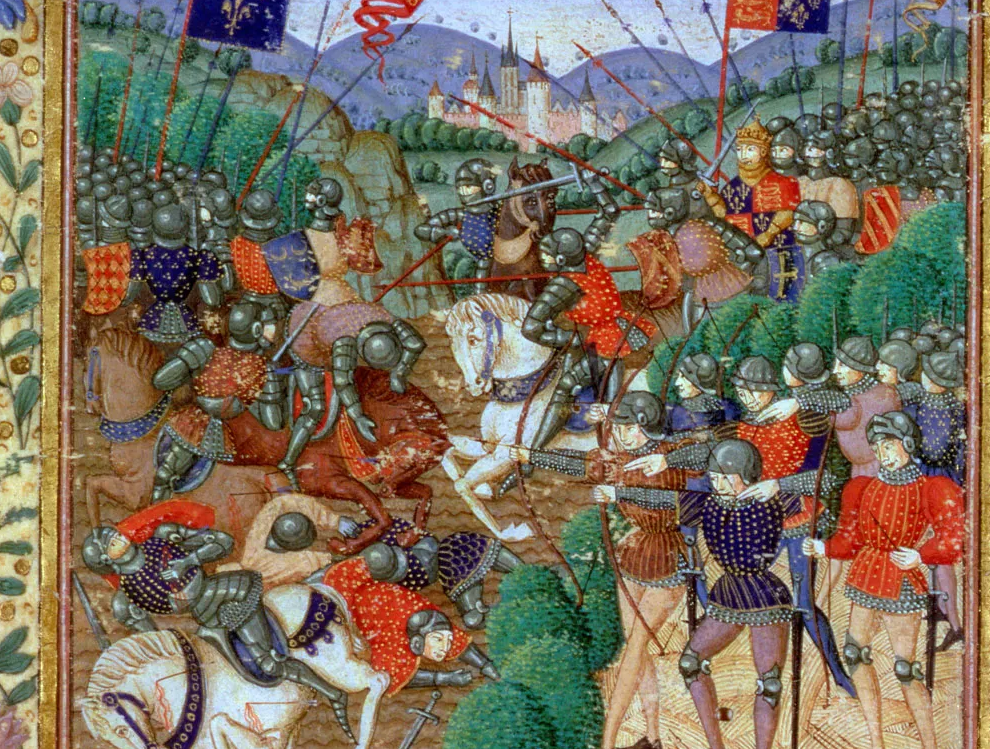 La bataille d?Azincourt (miniature enluminée tirée du manuscrit des «Grandes Chroniques de France» de Jean Fouquet, vers 1467-1476)