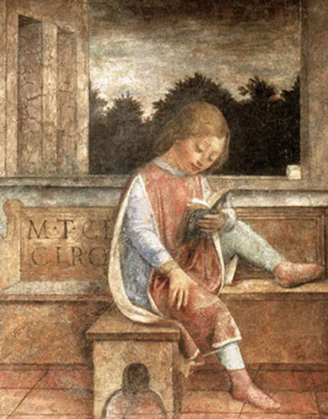 Le Jeune Cicéron lisant, détail de la fresque de Vincenzo Foppa de Brescia, v. 1464, Londres, Wallace Collection. Agrandissement : Joos van Wassenhove, Pedro Berruguete, Cicéron, vers 1472-1476, Galleria Nazionale delle Marche, Palazzo Ducale d'Urbino.