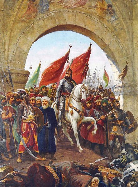Fausto Zonaro, Entr&eacute;e de Mehmed II dans Constantinople, XIXe si&egrave;cle. Tableau command&eacute; par le sultan Abd&uuml;lhamid II.