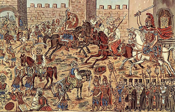 Theophilos Hadjimicha&iuml;l, Constantin XI Pal&eacute;ologue chargeant les Ottomans, mus&eacute;e Th&eacute;ophile, Mytil&egrave;ne (Gr&egrave;ce).