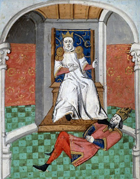 Alp Arslan humiliant Romain IV, XVe siècle, Boccace, De Casibus, Paris, BnF. Agrandissement : Bataille de Myriokephalon, Gustave Doré, XIXe siècle.