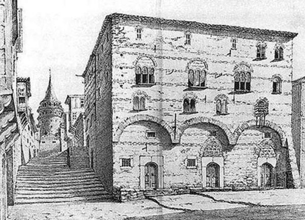 Palais génois et aperçu de la tour Galata, également connu sous le nom de Palais du Podestà (turc : Podesta Saray) à Galata, Istanbul. Agrandissement : Vue actuelle de la tour de Galata (Galata Kulesi en turc).