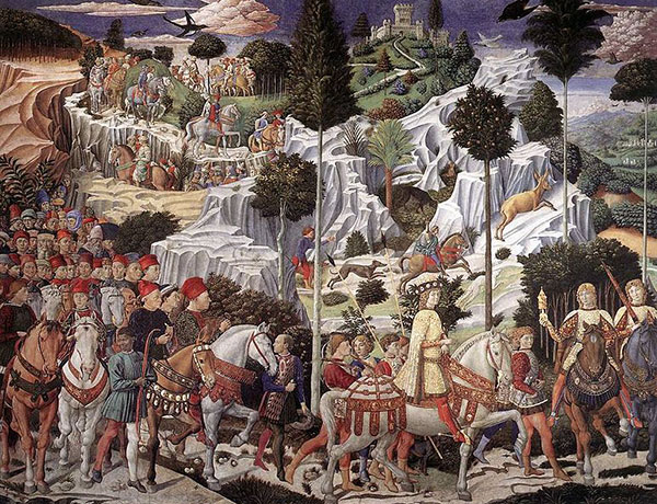 Benozzo Gozzoli, La procession du jeune roi, Giorgio Gemisto Pletone, XVe siècle, Chapelle des Mages du Palais Médicis Riccardi à Florence. Agrandissement : Gémiste Pléthon (détail), l'un des personnages à gauche.