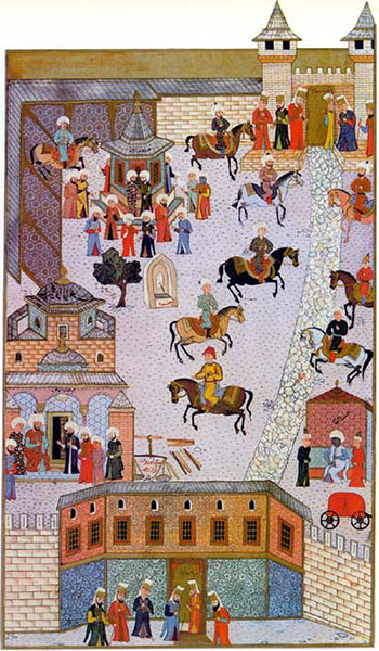 Palais de Topkap?, Première Cour, 1584, manuscrit du Hünername. Agrandissement : Vue extérieure actuelle du Palais de Topkap?.