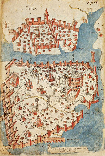 Carte de Constantinople conçue en 1422 par le cartographe florentin Cristoforo Buondelmonti, Paris, BnF. Il s'agit de la seule carte antérieure à la conquête turque de Constantinople en 1453.