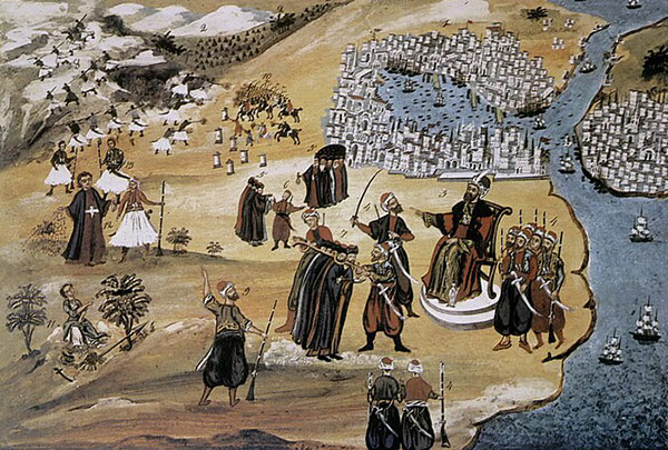 Panagiotis Zographos, Représentation du siège de Constantinople en 1453 par les Ottomans, XIXe siècle. Agrandissement : Stanis?aw Chlebowski, Entrée du sultan Mehmed II à Constantinople, XIXe siècle, Pologne, musée national de Cracovie.