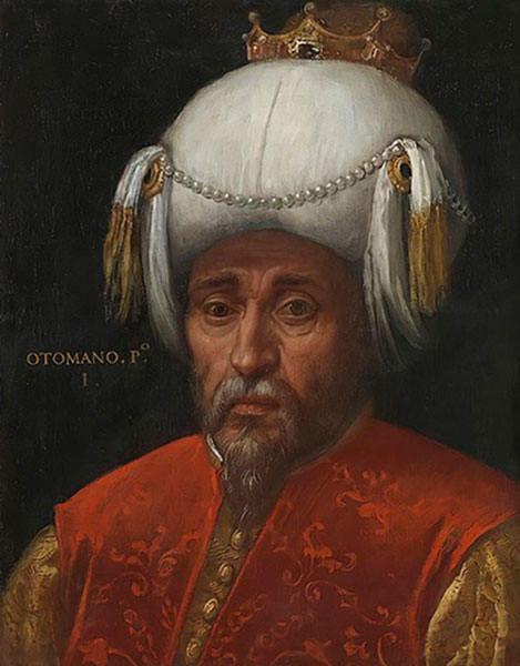 Paul Véronèse, Sultan Osman Ier, XVIe siècle, Collection de peintures de l'État de Bavière. Agrandissement : Yahya Bustanzâde, Osman Ier, miniature du XVIIIe siècle.