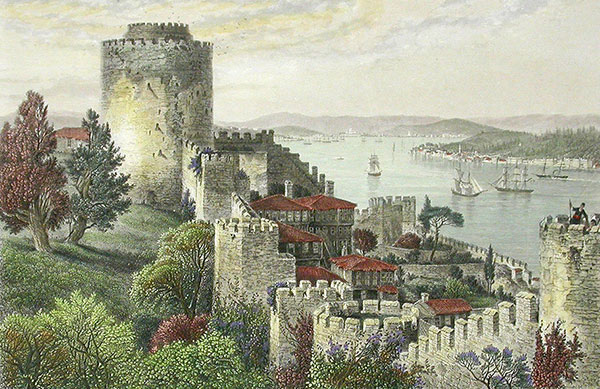 John Douglas Woodward, Le Bosphore et le fort de Rouméli Hisar, 1975. Agrandissement : Vue actuelle du fort de Rouméli Hisar (côté sud).