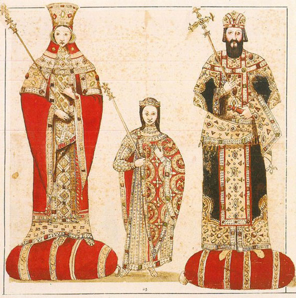Reproduction d'une miniature byzantine trouvée dans le monastère de Peribleptos, à Mystras (Grèce), représentant l'empereur Michel VIII Paléologue (à droite) aux côtés de son fils (Constantin Paléologue) et de sa femme (Théodora Paléologue).