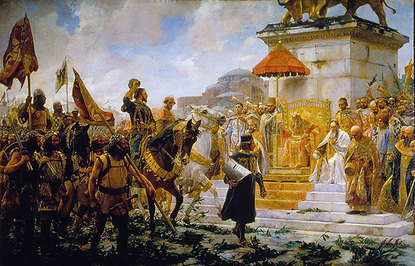 José Moreno Carbonero, L'Entrée de Roger de Flor à Constantinople, 1888, Madrid, Palais du Sénat. Le mercenaire Roger de Flor à la tête des mercenaires de la Compagnie catalane.