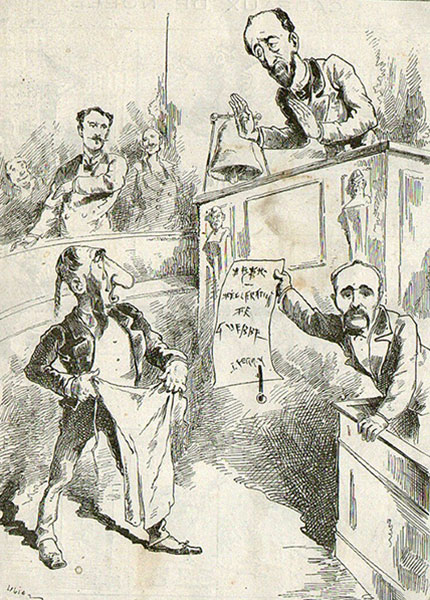 Jules Ferry, Georges Clemenceau et Henri Brisson à la Chambre des députés, dessin satirique d'Achille Lemot sur la guerre franco-chinoise, Le Triboulet, 23 décembre 1883. Agrandissement : Jules Ferry douché par Clemenceau, caricature de Charles Gilbert-Martin, Le Don Quichotte, 2 février 1884.